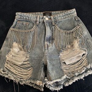 VICI Light Blue Distressed Denim Shorts with Rhinestone Fringe